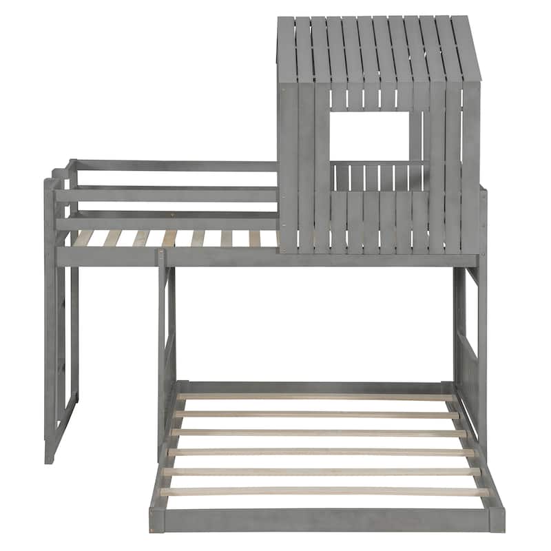 Roomfitters Wooden Twin Over Full Bunk Bed with Playhouse Design, Farmhouse Loft Bed with Ladder & Guardrails