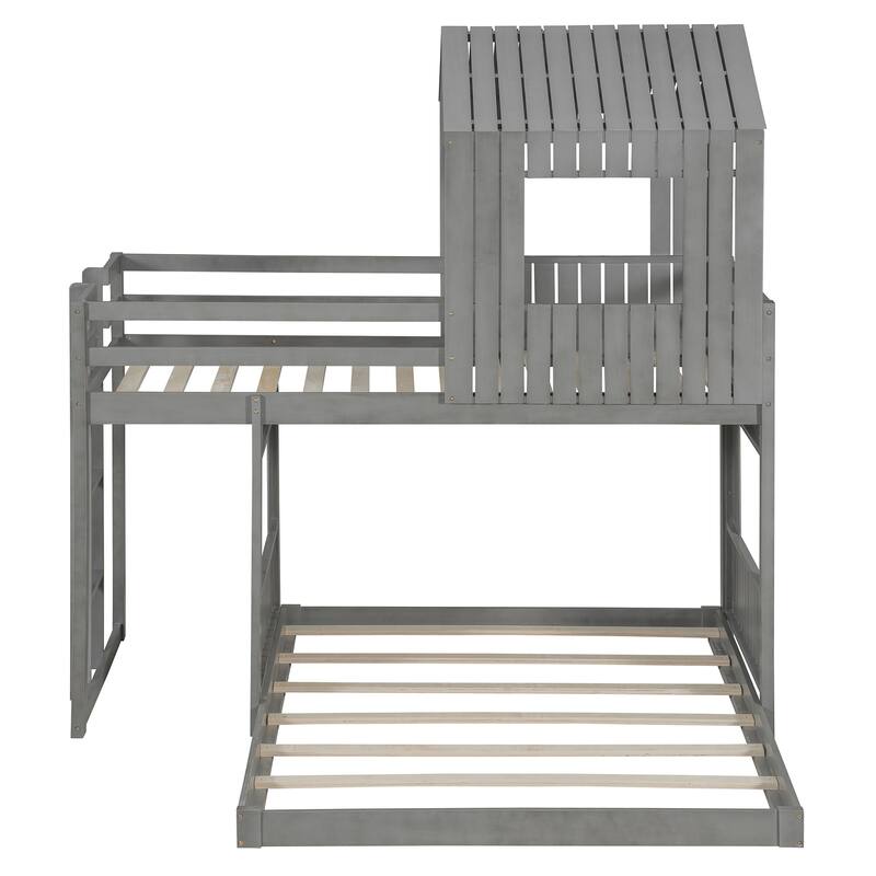 Twin Over Full Bunk Bed with Playhouse, Farmhouse Design, Ladder and Guardrails, Antique Gray