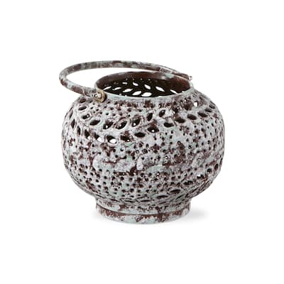 Sula Hand Pierced Round Lantern Candle Holder Patina Iron 5.1 in H x 7.1 in Dia Perfect for Summer Decor