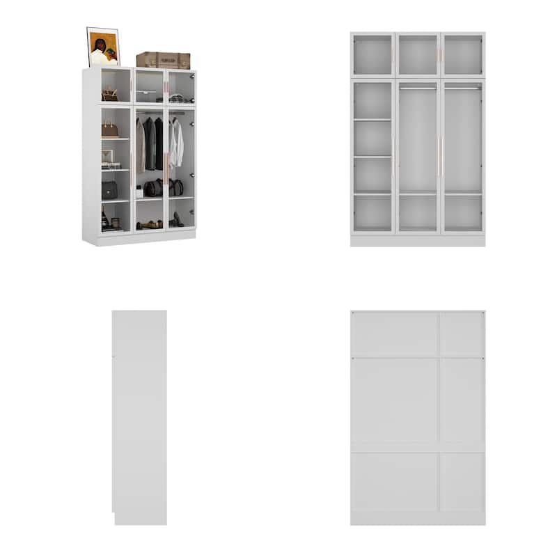 47.2" Wide Armoire LED Light All Glass Door Closet Cabinet Wardrobe