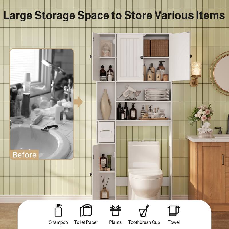 70" Freestanding Above Toilet Storage Cabinet, Adjustable Bathroom Shelving With Anti-Tip Devices