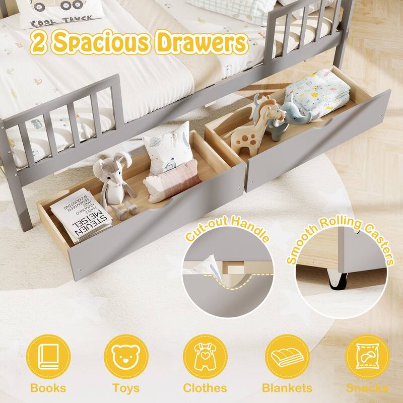 Gymax Twin Size Kids Bed w/Storage 2 Pull-out Drawers Side Shelf for