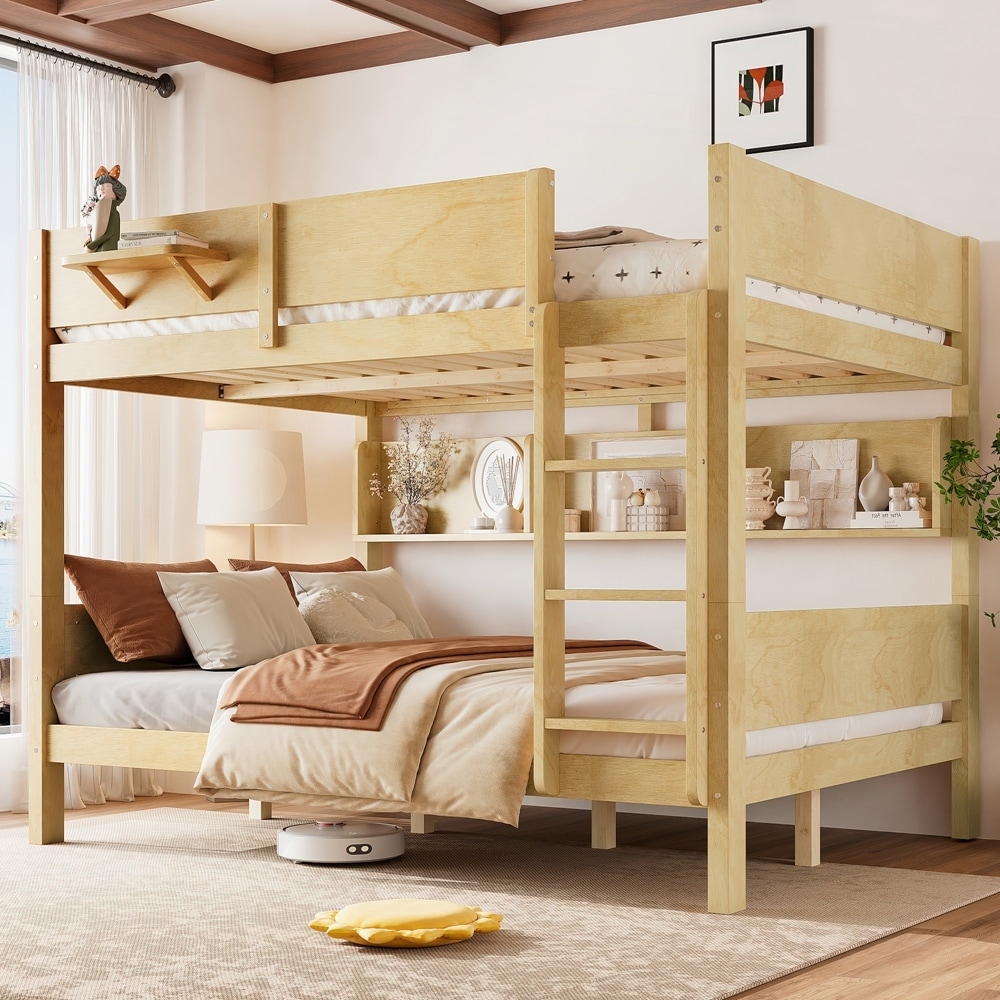 Solid Wood Bunk Bed with Storage Shelves and Upgraded Slat