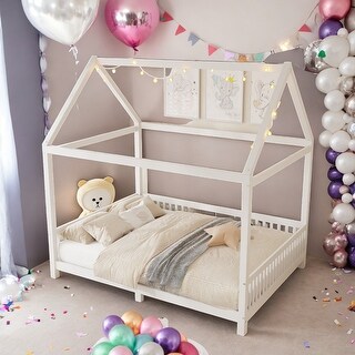 Wood House-Shaped Full Size House Bed Platform Bed with Guardrail and LED and Safety Guaranteed