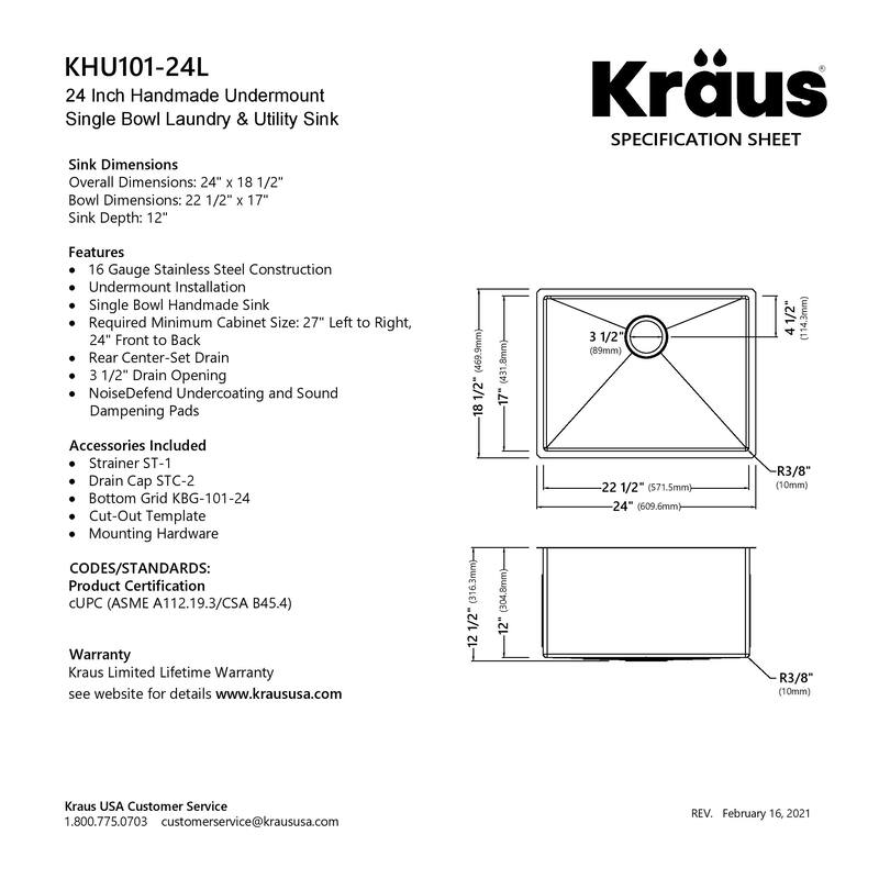 KRAUS Standart PRO Undermount Single Bowl Stainless Steel Kitchen Sink
