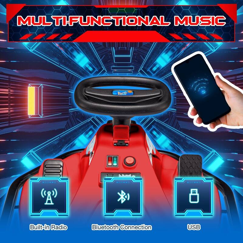 EROMMY Kids Electric Car with 360°Rotatable Universal Wheels, Kids Electric Toy Car with Acceleration Pedal, Music, Bluetooth