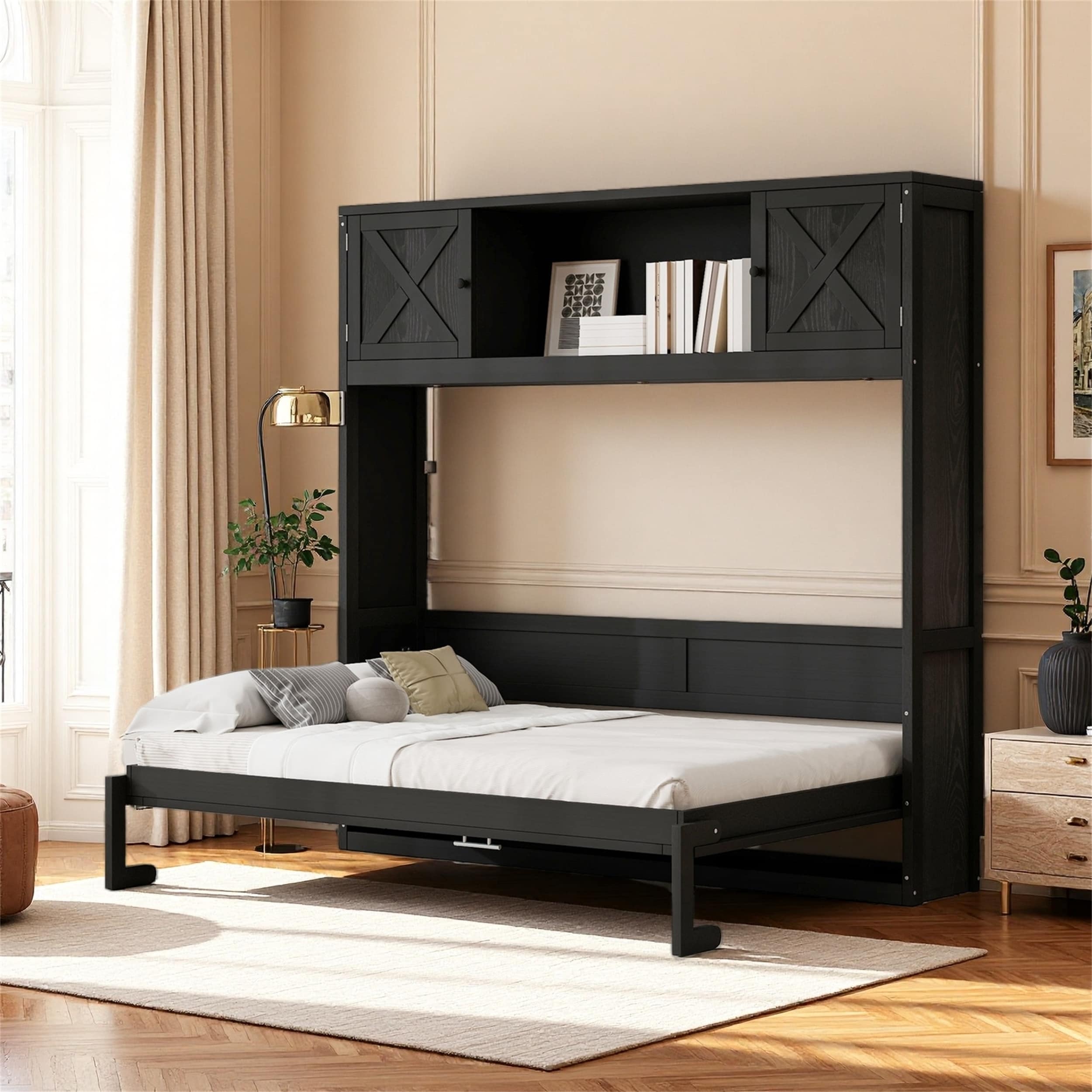 Full Size Foldable Murphy Bed with 3 Cabinets, Solid Wood Construction