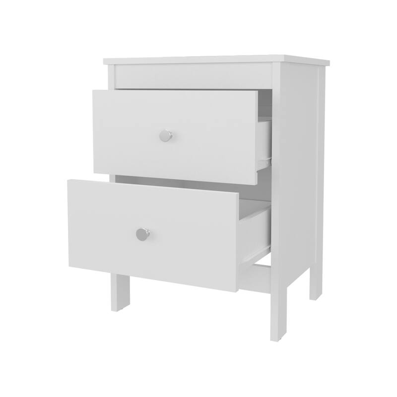 White Nightstand with Two Drawers and Knob Hardware
