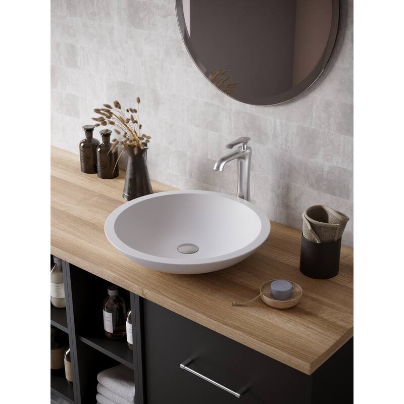 Karran Quattro Matte White Acrylic 19 in. Round Bathroom Vessel Sink with Faucet and drain in Stainless Steel