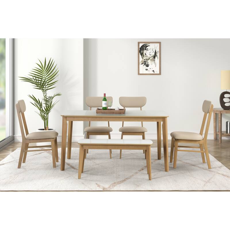 Modern Style 6-Piece Dining Set with Rectangular Table, 4 Open Back Dining Chairs and Bench