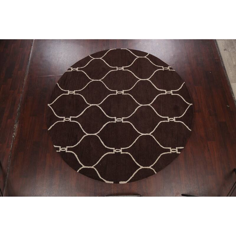 Trellis Brown Contemporary Oriental Area Rug Hand-tufted Wool Carpet - 8'0" x 8'0" Round