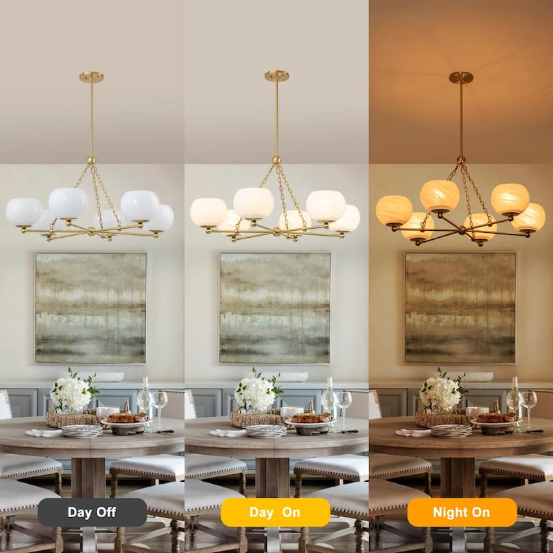 6-Light Brushed Gold Branch Chandelier with Cloud-Pattern Glass Shades - Dia.35.43-in