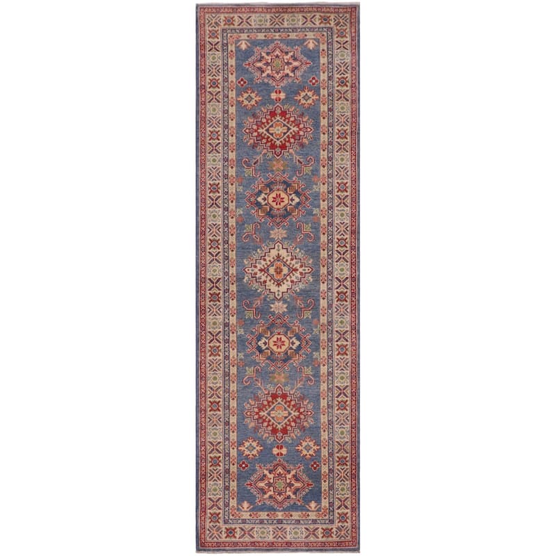 Rustic Kazak Marc Light Blue/Beige Wool Runner - 2'9'' x 9'6''