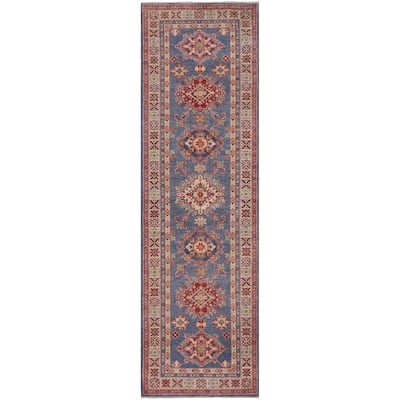 Rustic Kazak Marc Light Blue/Beige Wool Runner - 2'9'' x 9'6''