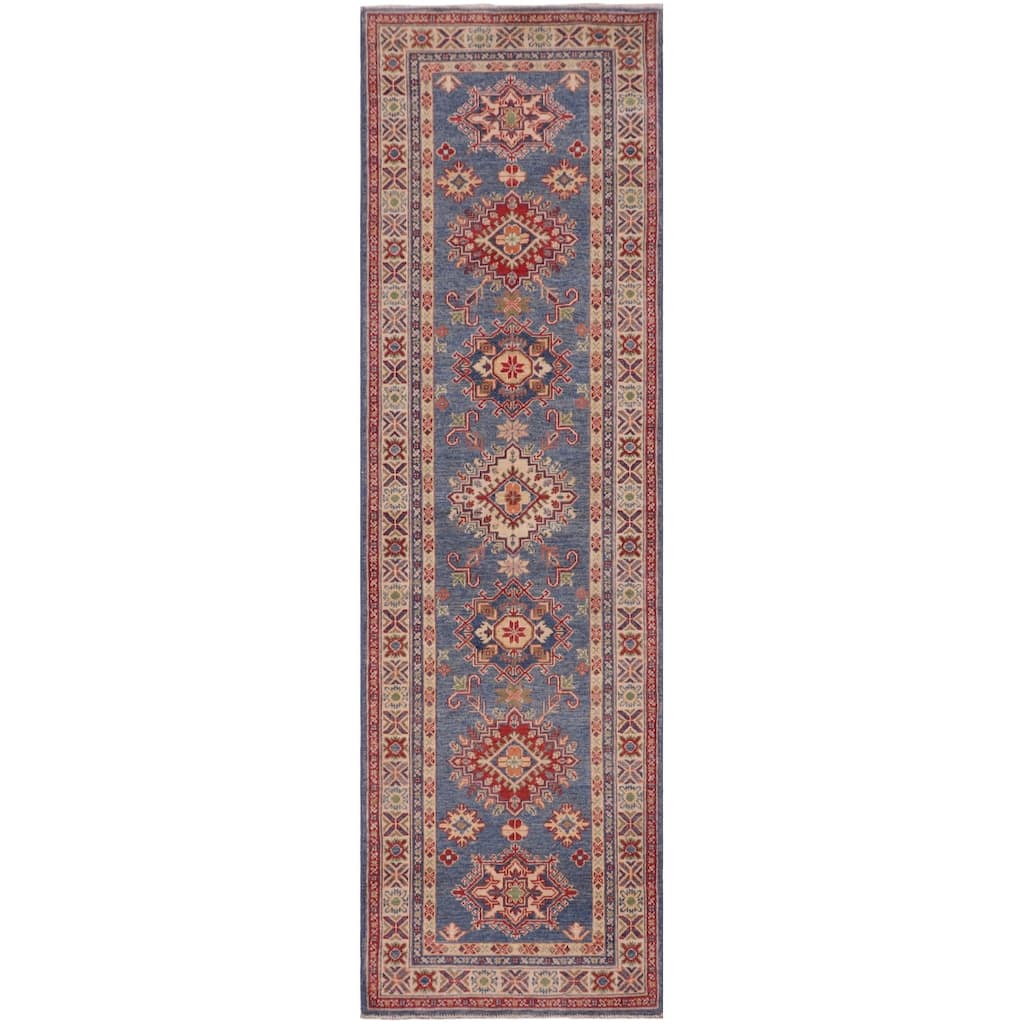 Rustic Kazak Marc Light Blue/Beige Wool Runner - 2'9'' x 9'6''