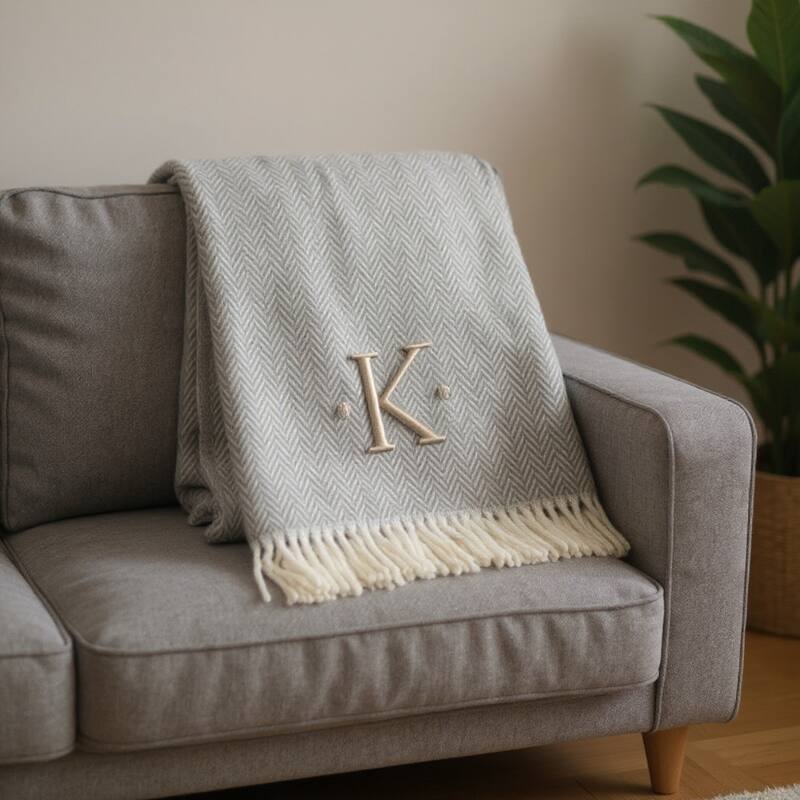 55" X 70" Gray And White Herringbone Cotton Blend A Initial Throw Blanket with Tassels And Embroidery