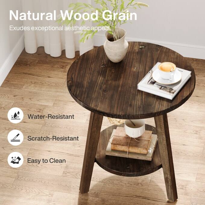 Solid Wood End Table, 2 Tiers Round Side Table, Farmhouse Nightstand