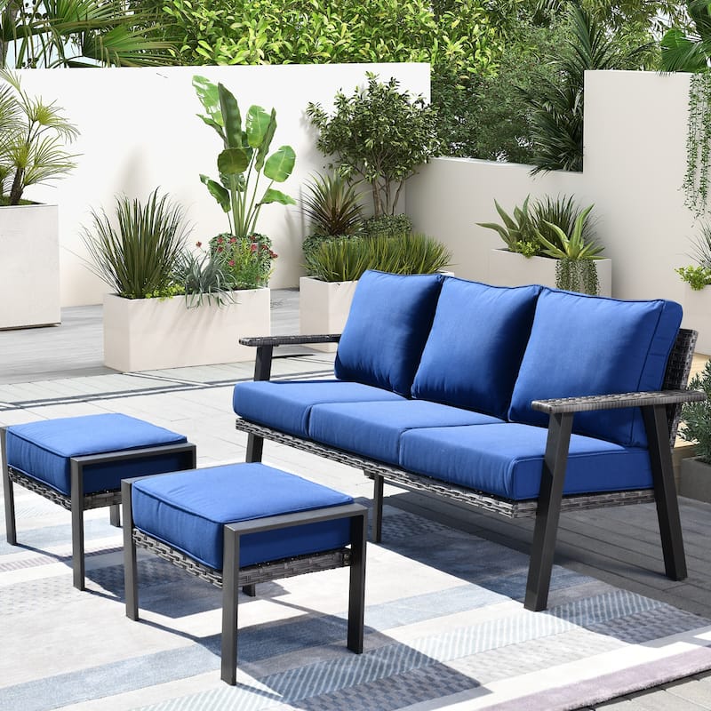 OVIOS Outdoor 3-piece Wicker Sectional Sofa Set With Ottoman Steel Frame