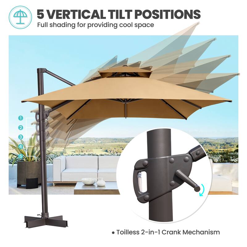 10 x 13 Feet Double Top Rectangular Rotating Patio Offset Cantilever Umbrella with Crank