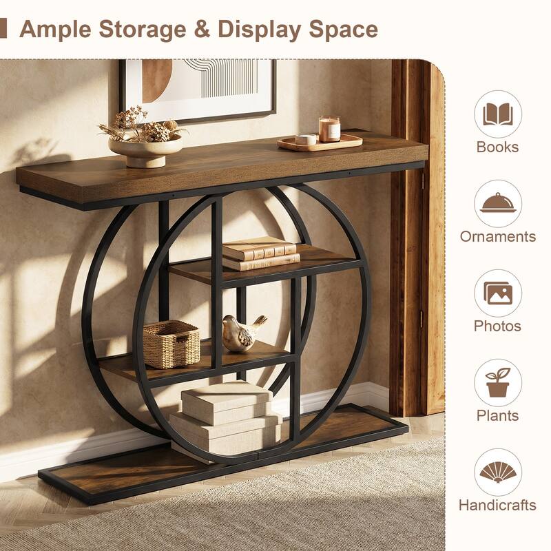 Gymax 4-Tier Console Table w/Storage Shelves Circle Base Accent Behind