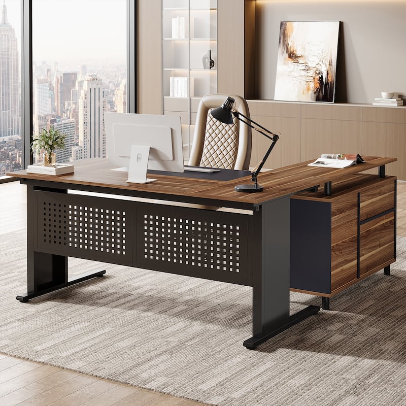 63-Inch L-Shaped Executive Desk with Storage Shelves