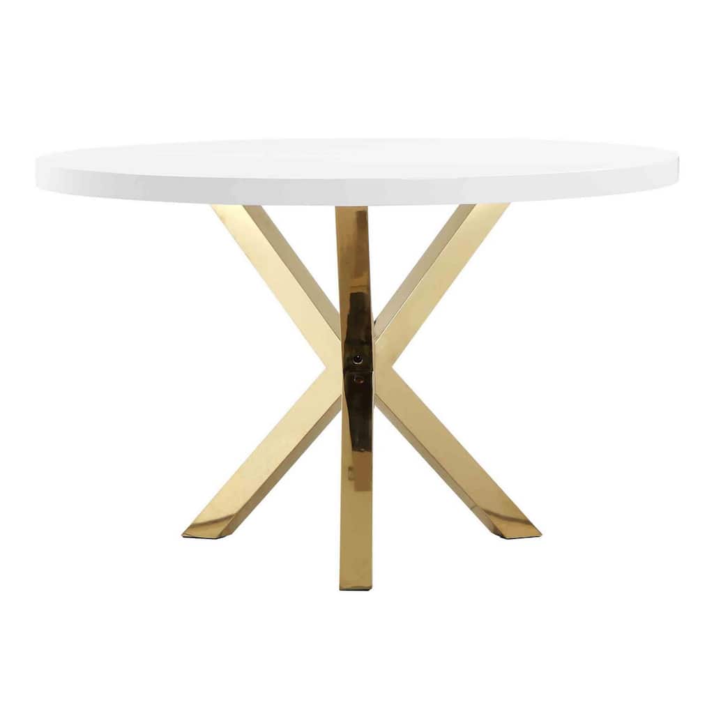 Emi 47 Inch Dining Table, Round White Lacquer Top, X Twisted Gold Legs