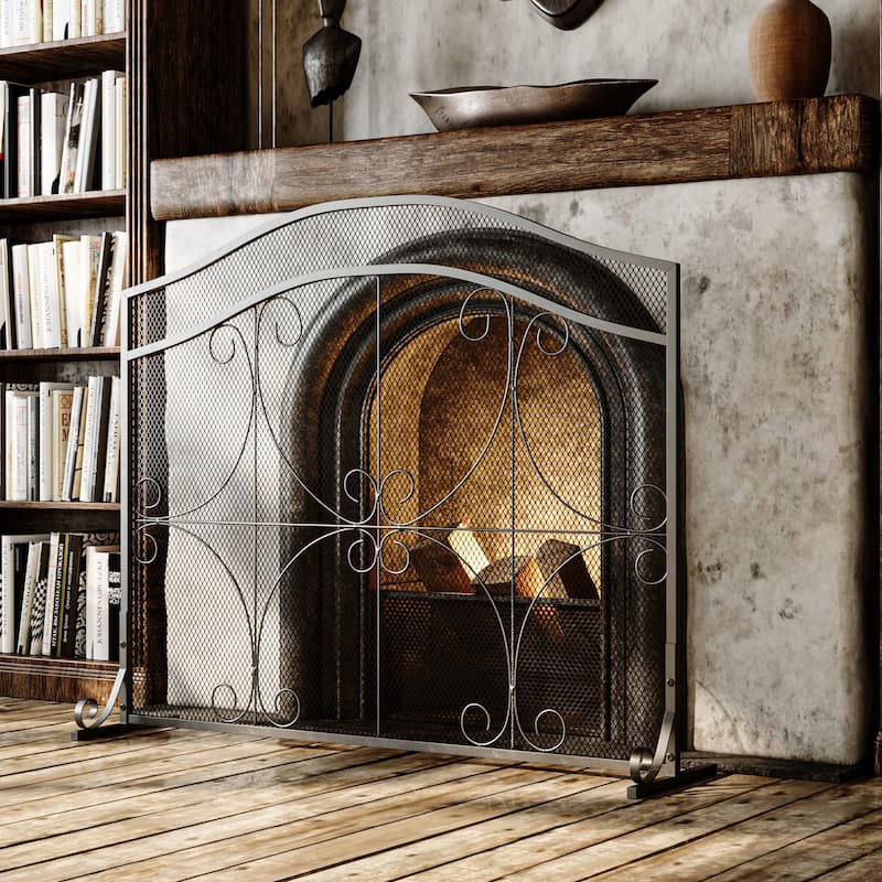 Vintage Wrought Iron Fireplace Screen with Arched Top, Decorative Scroll Design, Sturdy Mesh Spark Guard for Home Hearth