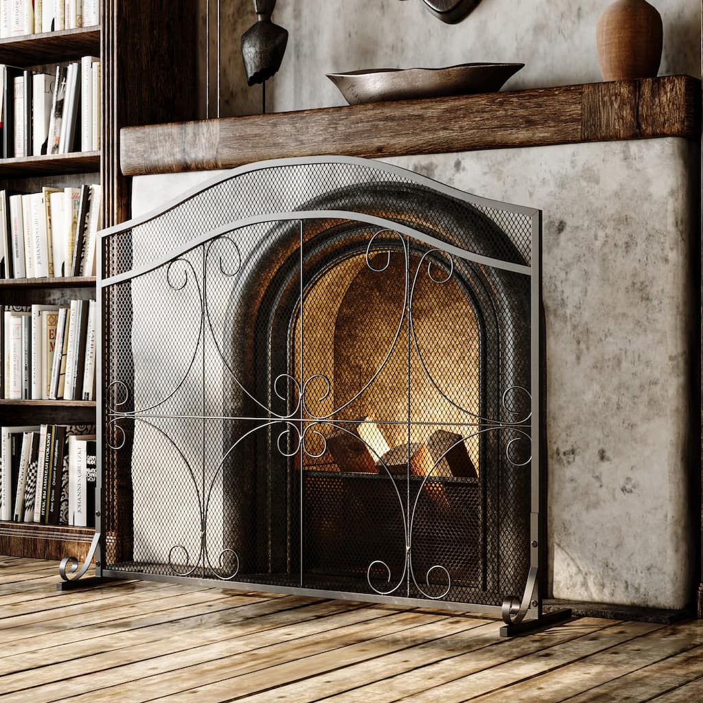 Vintage Wrought Iron Fireplace Screen with Arched Top, Decorative Scroll Design, Sturdy Mesh Spark Guard for Home Hearth