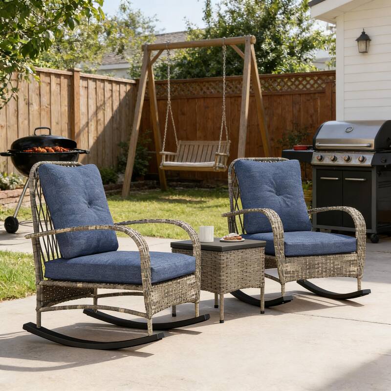 GDFStudio - Outdoor PE Rattan 3-Piece Balcony Bistro Set with Rocking Chairs