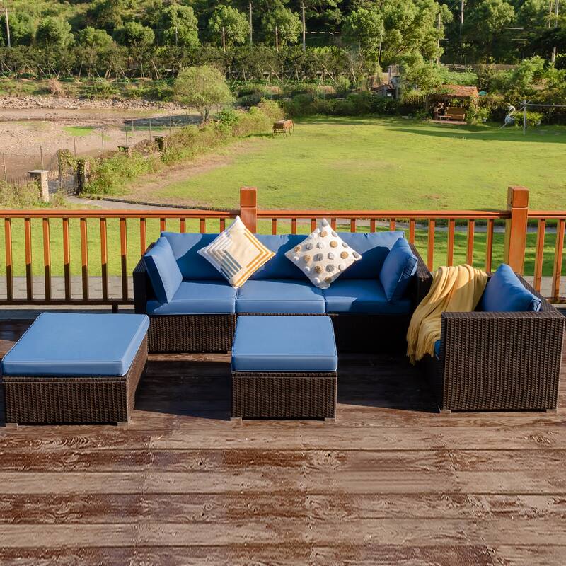 Costway 6PCS Patio Rattan Furniture Set Sofa Coffee Table Ottoman Navy - See Description - Cappuccino - See Description