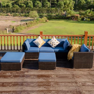 Costway 6PCS Patio Rattan Furniture Set Sofa Coffee Table Ottoman Navy - See Description