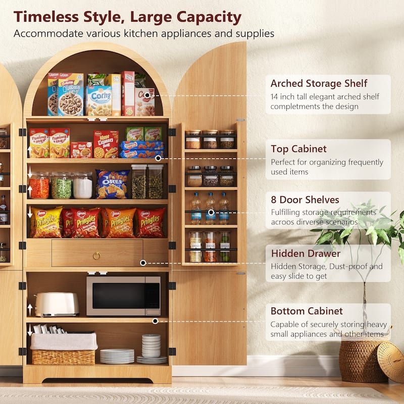 72" Tall Arched Kitchen Pantry Cabinet with 8 Door Shelves