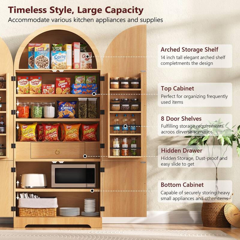 Arched Kitchen Pantry Cabinet Large Wooden Storage Cupboard with Doors, 8 Adjustable Door Shelves, 3 Interior Shelves & Drawer
