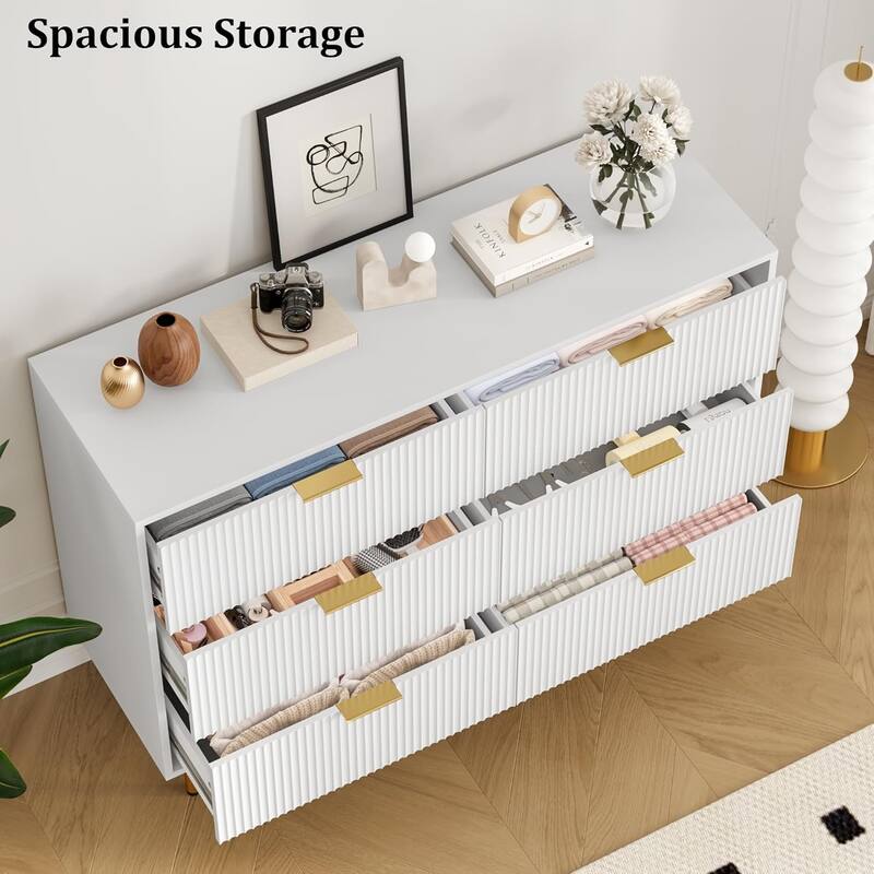 Fluted 6 Drawer Dresser for Bedroom, Large Chest with Gold Handle, Modern Wood Organizer for Living Room or Hallway