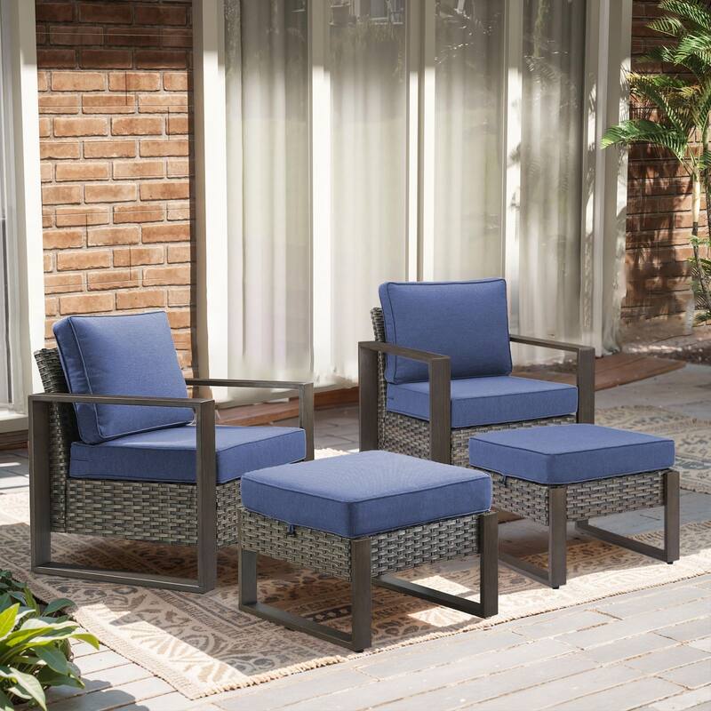 Outdoor Patio Chair with Thick Cushion - Grey Wicker Blue Cushion - 4PCS Patio Chair w/ Ottoman