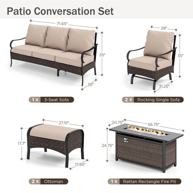 MAISON ARTS 4/6 Pieces Outdoor Heavy-Duty Oversized Metal Conversation Set with Fire Pit Table