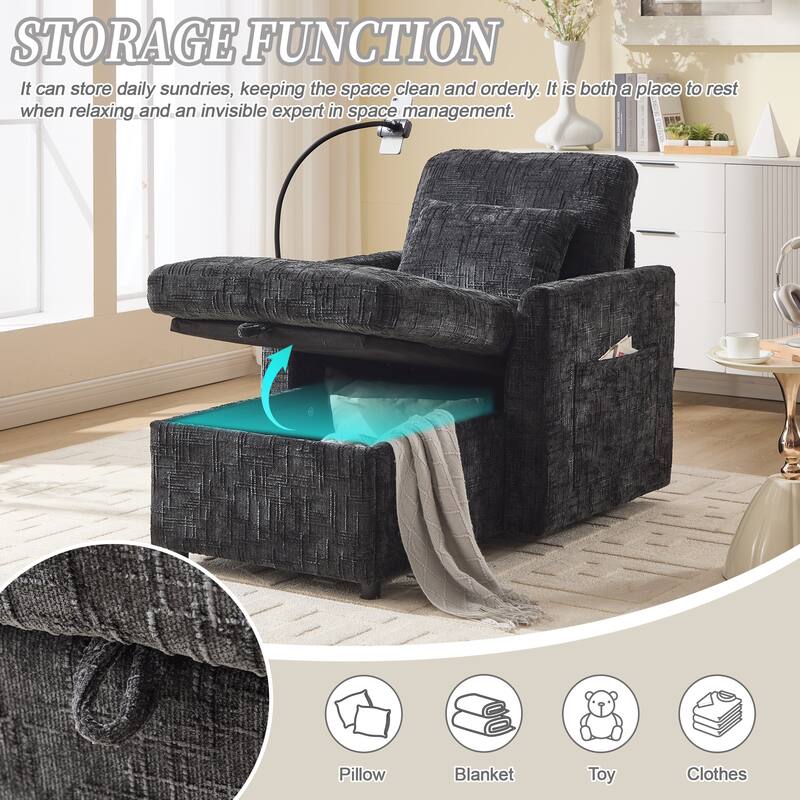 Multifunctional Lazy Person Sofa Recliner Can Be Stored Storage Backrest With Cell Phone Bracket Chenille Single Leisure Chair