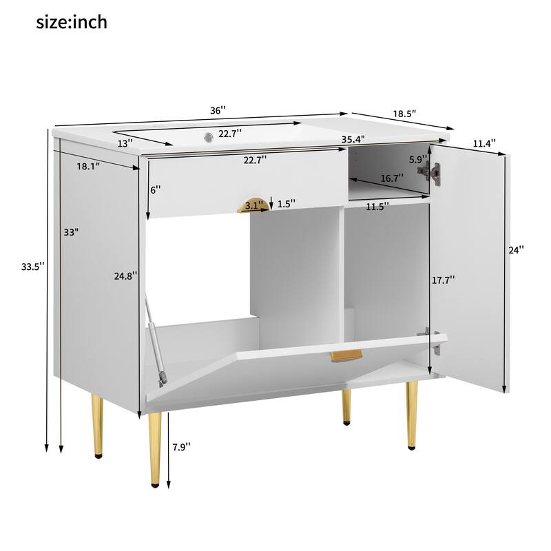 36" Bathroom Vanity with Resin Basin Sink Modern Sink Storage Cabinet with Soft-Closing Door and Drop-Down Door