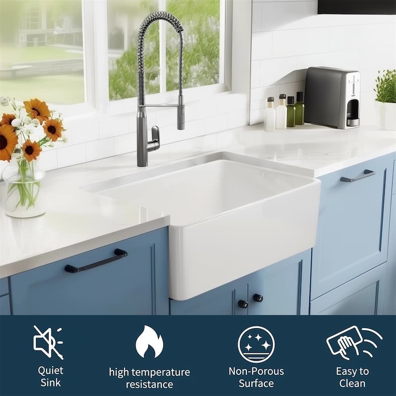 24 Inch Fireclay Farmhouse Sink Single Basin with Bottom Grid and Strainer