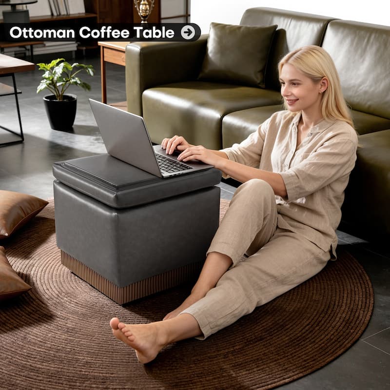 Swivel Storage Ottoman Bench Footstool with Flip-top and Acacia Frame