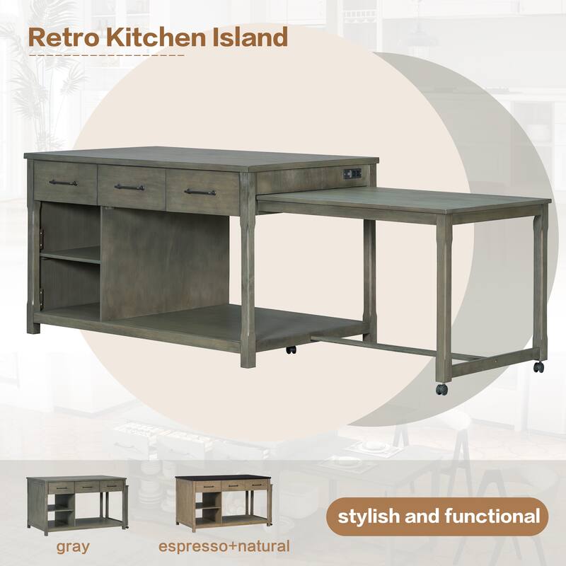 Gray Extendable Kitchen Island with Power Outlets and Rolling Wheels
