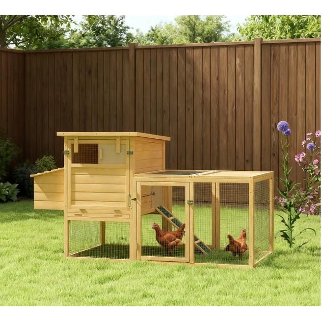 Wooden Chicken Coop with Nesting Box, Removable Tray, Ramp Run, Natural Wood