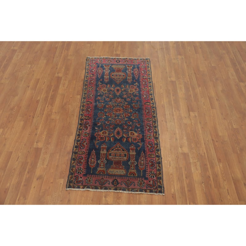 Hand Knotted Oriental 100% Wool Carpet Traditional Floral Navy Blue & Blues Kashan Area Rug - 5' 11'' X 2' 7''