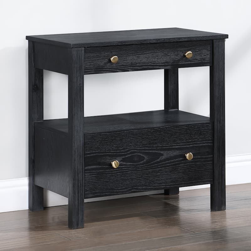 2- Drawer Nightstand with Gold Knobs and Open Shelf Modern Design