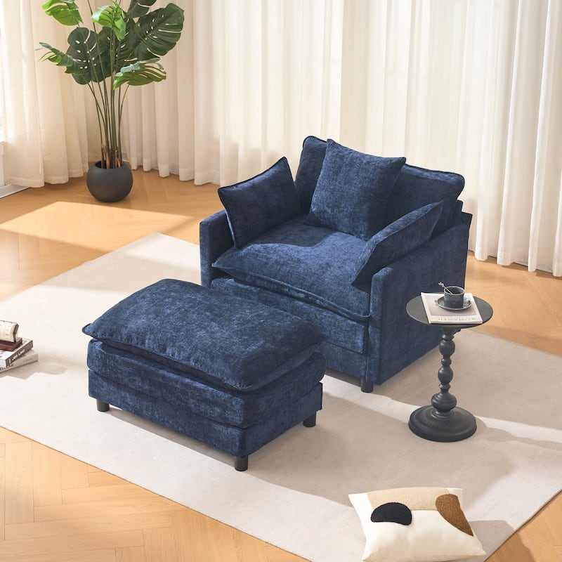 39.4" Modern Accent Chair with Ottoman, Living Room Club Chair Chenille Upholstered Armchair, Reading Chair for Bedroom