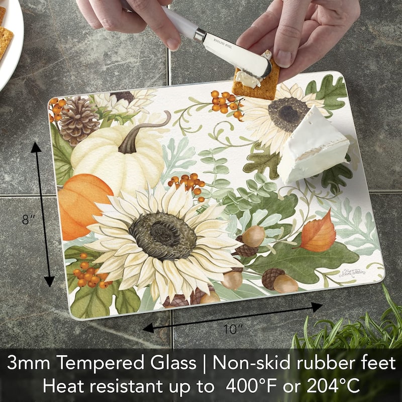 Farmhouse Fall Decorative 3mm Heat Tolerant Tempered Glass Cutting Board 10" x 8" Manufactured in the USA Dishwasher Safe