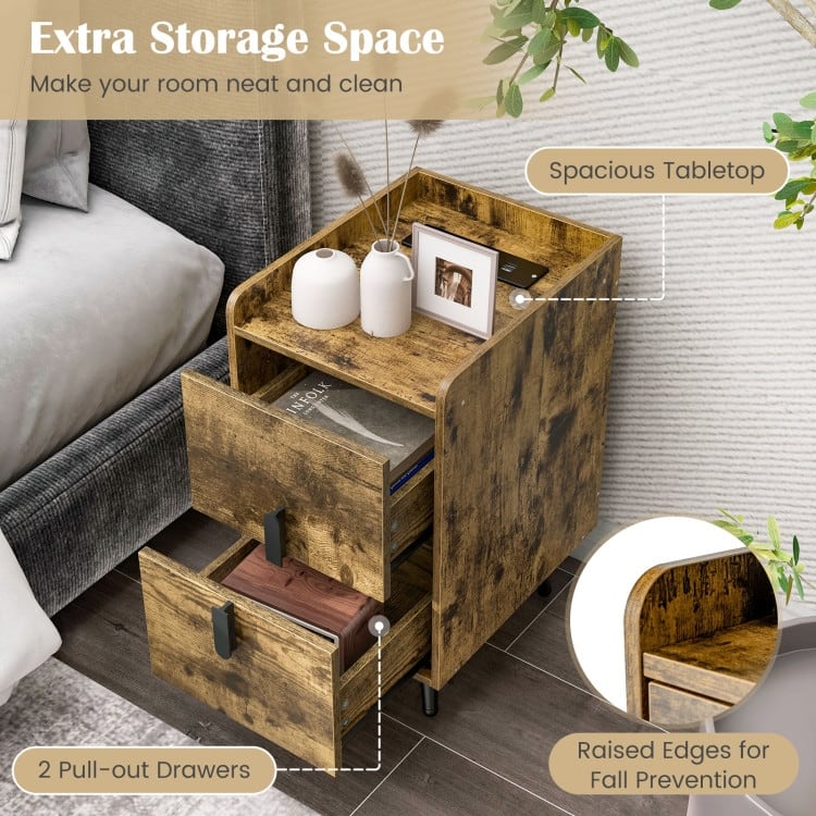 Bedside Table with Storage Drawers and USB Charging Station