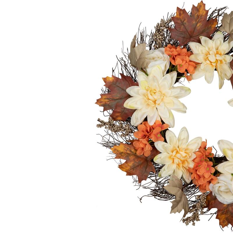 Floral, Twig and Leaves Fall Harvest Artificial Wreath - 22" - Orange and Cream
