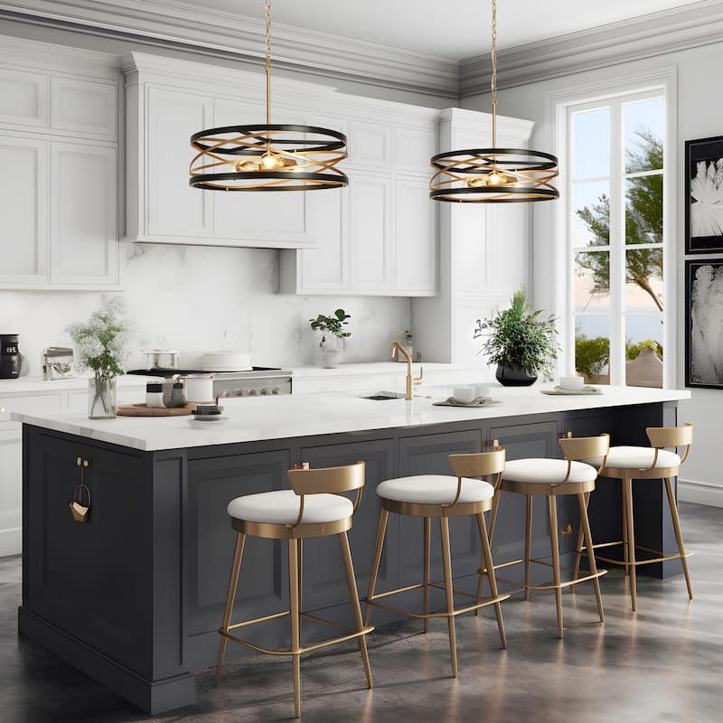 Dsmll Modern Farmhouse 3-Light Drum Chandelier Black Gold Kitchen Island Lights - D 22" x H 79" Max