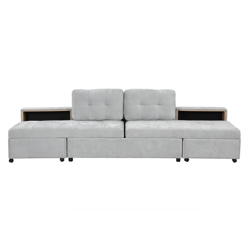 121.2" Chenille Modular Sofa Bed with Two Storage Racks, Free-Combined Design, and Smooth-Rolling Wheels